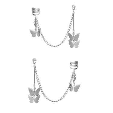 Imagem de Kit 2 Brincos Corrente Borboleta Banhado Prata Pressão Com Furo