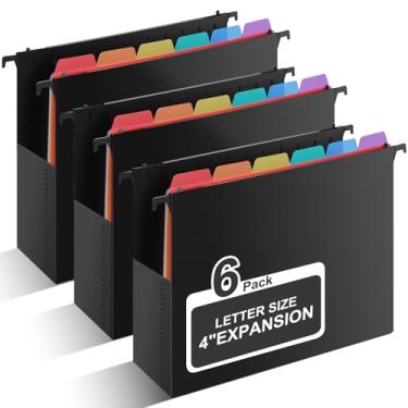 Imagem de Uquelic Pastas de arquivo de plástico para pendurar, tamanho carta, pacote com 6 pastas suspensas reforçadas e resistentes com divisórias brilhantes móveis, abas ajustáveis, organizador de arquivos de