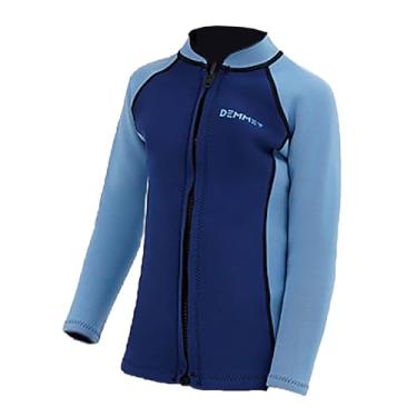 Imagem de Jaqueta infantil de neoprene de 1,5 mm-3 mm, manga comprida, camisa de mergulho com zíper frontal, maiô molhado para snorkeling, mergulho, natação (3 mm, azul, 2GG)