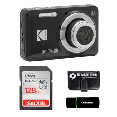 Imagem de Câmera digital Kodak PIXPRO FZ55 preta de 16 MP, zoom óptico de 5x, ângulo amplo de 28 mm, 1080p, câmera LCD Full HD de 2,7 polegadas + cartão e leitor de 128 GB + carteira de memória