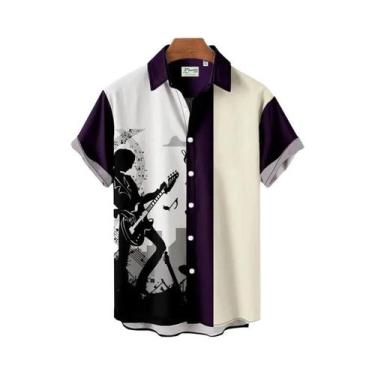 Imagem de Camisa Havaiana Masculina De Verão Com Estampa De Notas Musicais, Mang