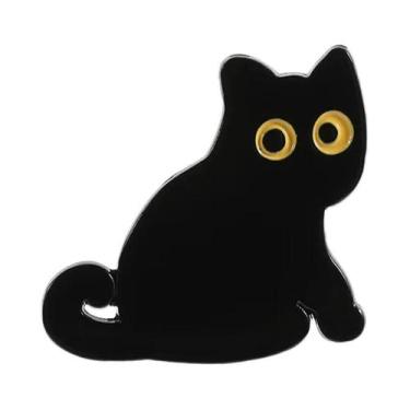 Imagem de Broche De Esmalte Gato Preto Desenho Animado Olhos Grandes Gatinho Ani
