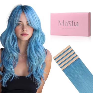 Imagem de MAXITA Extensões de cabelo humano com fita adesiva para extensões de cabelo humano turquesa, 10 peças, 25 g, 40,6 cm, fita colorida para festa em extensões, extensão de cabelo humano real macio liso