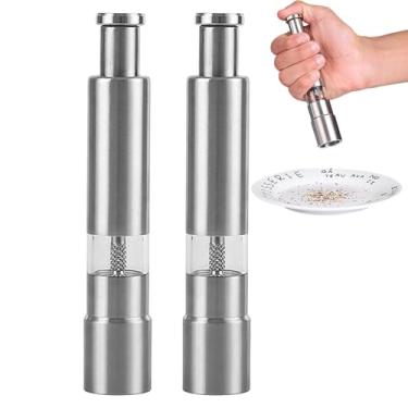 Imagem de Moedores de sal e pimenta - Moedor de pimenta com botão - Moedor manual de aço inoxidável operado à mão com suportes, conveniente para usar em casa ou ao ar livre (piquenique, viagens, etc.)