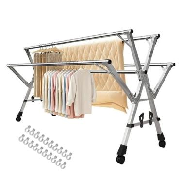 Imagem de Escorredor de roupas dobrável resistente com rodas, suporte dobrável de aço inoxidável, suporte de lavanderia de 5 hastes para secagem eficiente de roupas e toalhas, design que economiza espaço