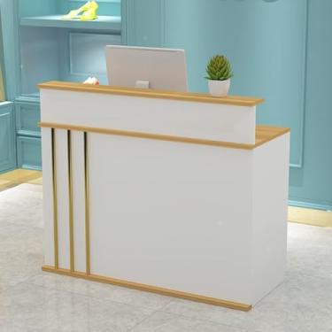 Imagem de Mesa de recepção rosa moderna com gaveta de bloqueio e bandeja de teclado, mesa de balcão frontal de madeira para salões de beleza, lojas de roupas, lobby - 60 cm (23,6 pol.)
