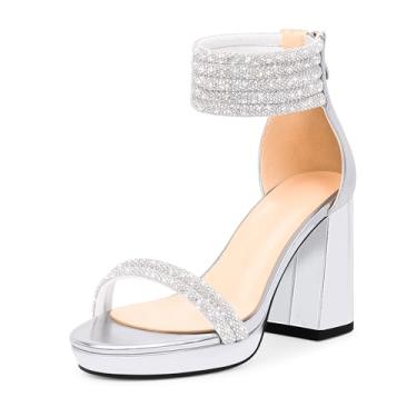 Imagem de Odetina Sandálias femininas de salto alto com plataforma de strass, bico aberto, tira no tornozelo, sexy, sapatos de casamento, Prata, 37