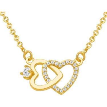 Imagem de Colar Pingente Coração Duplo Pedra Zirconia Folheado Ouro 18 - De Cast