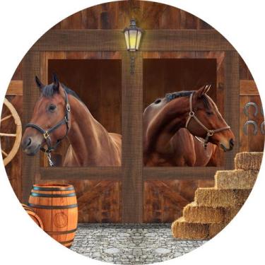 Imagem de Painel de Lona Redondo Cavalos no Estábulo de Madeira - Fabrika De Fes