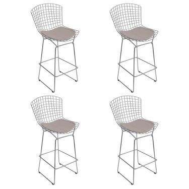 Imagem de Kit 4 Banquetas Bistrô Bertoia Cromada D60 Com Assento Sintético Bege