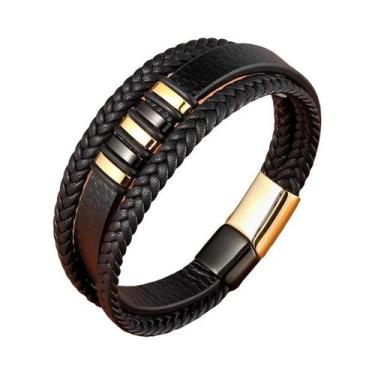 Imagem de Pulseira De Couro Estilo Punk Masculina Preta Com 3 Camadas E Botão Ma