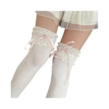 Imagem de Meias De Algodão Kawaii Lolita Com Laço De Renda Acima Do Joelho, Meia