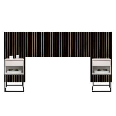 Imagem de Cabeceira Casal Queen e King Adesiva Ripado Com 2 Mesas de Cabeceira S