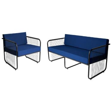 Imagem de Conjunto Poltronas E Namoradeira Córdova Fibra Sintética Preto Azul Acesse Móveis