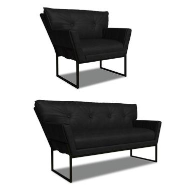 Imagem de Sofá Namoradeira E Poltrona Industrial Anitta Couro Sintético Fibra Siliconada Preto D'Rossi
