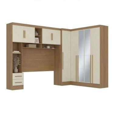 Imagem de Guarda-roupa Modulado 4 Peças 9 Portas com Espelho e Cabeceira até 158cm Cinamomo/Off W...
