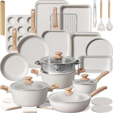 Imagem de Conjunto de Panelas Kikcoin 31 Peças Antiaderente Branco Creme