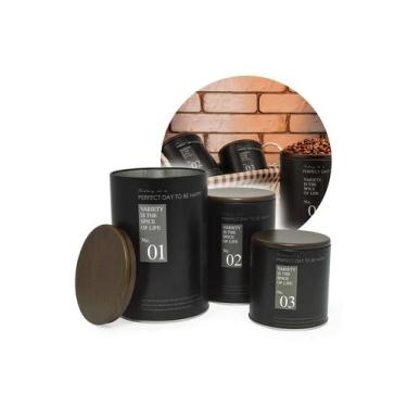 Imagem de Kit Porta Condimentos 3 Peças Lata Potes Açúcar Café Cozinha - Preto -