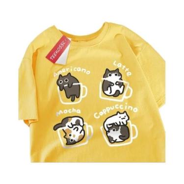 Imagem de Camiseta de Algodão Puro com Estampa de Gato e Flores - Manga Curta - 