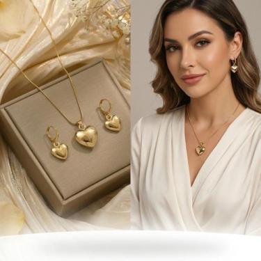 Imagem de Conjunto Colar e Brincos Coração Feminino Minimalista Banhado Ouro 18K