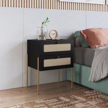 Imagem de Mesa de Cabeceira 2 Gavetas Palhinha Pé Metal Dourado Oslo Preto - Art