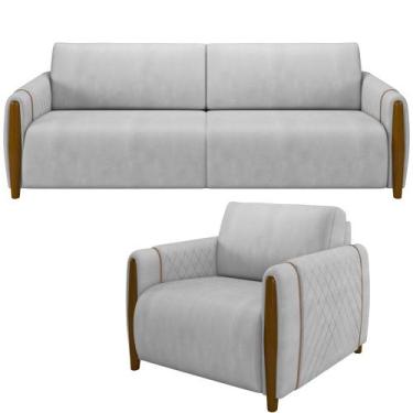 Imagem de Kit Sofá 03 Lugares Sala Estar 223cm Com Poltrona Flora Pés De Madeira