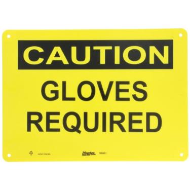 Imagem de Master Lock S6951 35,5 cm de largura x 25,4 cm de altura polipropileno, placa de segurança preta sobre amarela, cabeçalho "Cuidado", lenda "Luvas necessárias"