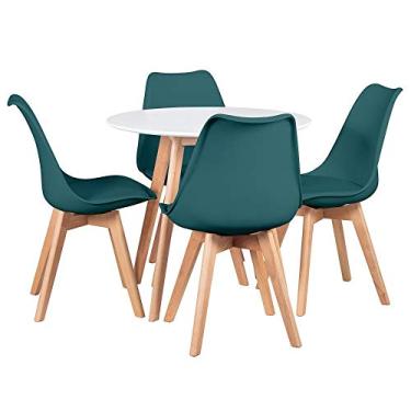 Imagem de Loft7, Kit Mesa redonda Leda 80 cm branco + 4 cadeiras estofadas Leda verde escuro