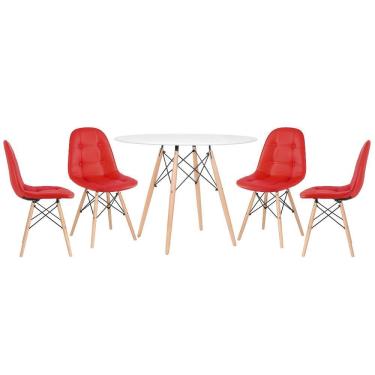 Imagem de KIT - Mesa redonda Eames 100 cm branco + 4 cadeiras estofadas Eiffel Botonê