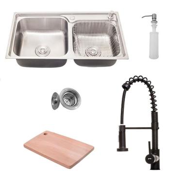 Imagem de Kit Cuba Pia Dupla Gourmet Luxo Prizi Aço Inox 304 43x78cm Kit Completo - MD7843B + Torneira Gourmet Prizi Monocomando Preta - KE-6115