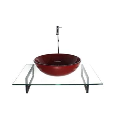 Imagem de KIT CUBA DE VIDRO REDONDA VERMELHO CEREJA COM TAMPO 60CM INCOLOR E SUPORTE PRETO