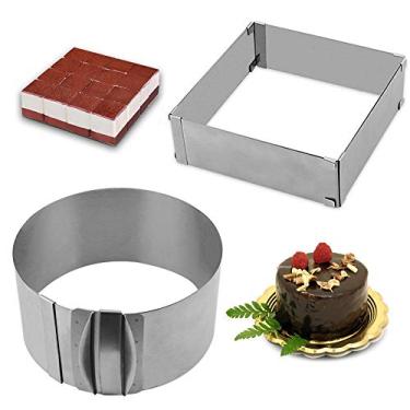Imagem de Anel de molde de bolo ajustável conjunto de 2 peças, anel de mousse de bolo de 15 a 30 cm de aço inoxidável (redondo + quadrado), Round+Square
