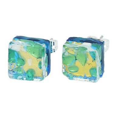 Imagem de Brincos quadrados GlassOfVenice Murano Vidro Veneziano Reflexos - Ouro Aqua, Vidro, Cristal