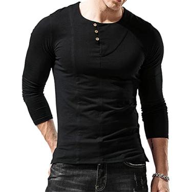 Imagem de NJNJGO Camisetas Henley de manga comprida para homens, camisetas básicas de 3 botões casuais slim fit leve Henley, Preto, M