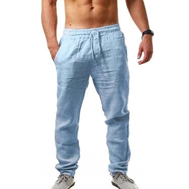 Imagem de Bestgift Calça casual masculina hip-hop respirável de algodão e linho, Azul claro, 3G