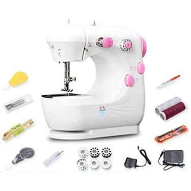Imagem de Máquina de costura doméstica mini máquina de costura multifuncional elétrica pequena máquina de costura manual (presente 16 peças) rosa branco atualizado