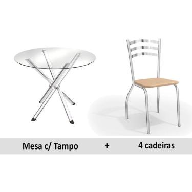 Imagem de Conjunto: Mesa Sala Jantar Volga c/ Tampo Vidro 95cm + 4 Cadeiras Portugal Cromado/Courano Nude - Kappesberg