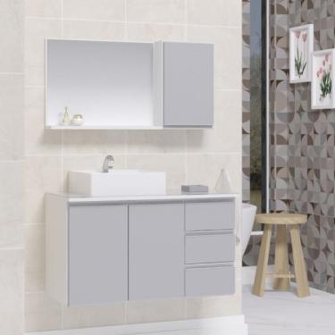 Imagem de Conjunto gabinete banheiro completo prisma 80CM madeirado/cinza