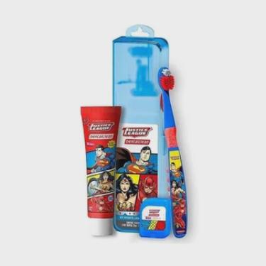 Imagem de Kit escova de dentes mais gel dental Infantil Heróis liga da justiça com 4 Itens Dentalclean