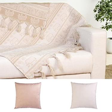 Imagem de Manta para Sofá Dupla Face Jacquard com Franja 1,40x2,50 + 2 Capas de Almofada (Indiano bege)