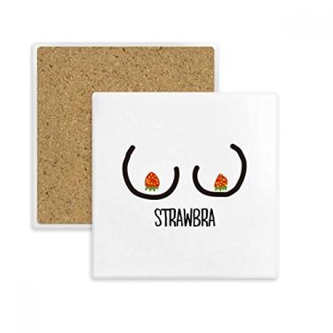 Imagem de Porta-copos quadrado desenho de morango engraçado preto vermelho tapete para caneca subplaca suporte isolante pedra