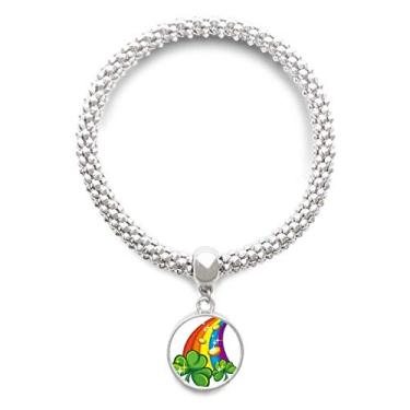 Imagem de DIYthinker Pulseira de prata com pingente de prata e pingente da Irlanda com arco-íris da Clover