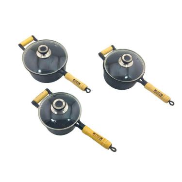 Imagem de Jogo 3 Caçarolas Ferro Fundido Cabo de Madeira Tampa Vidro