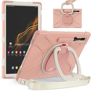 Imagem de PboyiqiS Capa híbrida resistente para Galaxy Tab S9/S9 FE 2023/Tab S8 2022/Tab S7 2020 com suporte para S Pen, capa infantil à prova de choque com suporte giratório 360/alça de ombro (rosa claro)