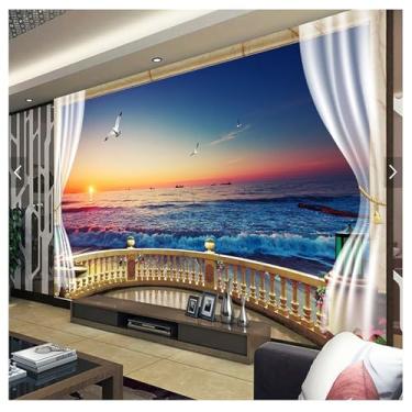 Imagem de TUYIFA Papel de parede 3D papel de parede paisagem marítima Villa varanda belo espaço sala de estar quarto TV sofá fundo mural de parede (118" x 83" (300x210cm), pano de seda)