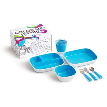 Imagem de Munchkin Conjunto de jantar infantil Color Me Hungry Splash de 7 peças – Prato, tigela, copo e utensílios em uma caixa de presente, azul