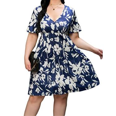 Imagem de ShopWonder Vestido plus size feminino gola V evasê comprimento até o joelho vestido rodado plus size mini vestido de festa azul marinho grande flor 3GG