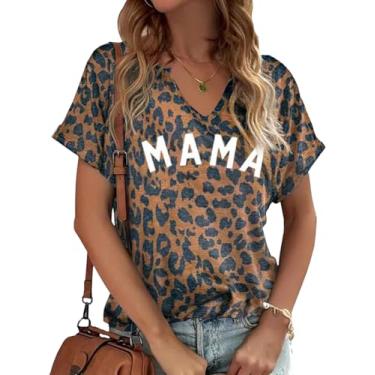 Imagem de Camiseta feminina com gola V Mama camiseta divertida da vida da mãe dia das mães manga curta camiseta gráfica presente para mamãe blusa casual, Leopardo, XXG