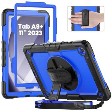 Imagem de Timecity Capa para tablet Samsung Galaxy Tab A9+/A9 Plus 5G 2023 SM-X210/X216/X218, capa protetora de corpo inteiro com protetor de tela, suporte giratório de 360°, alça de mão e ombro - azul escuro