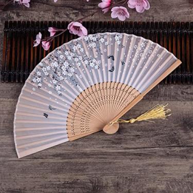 Imagem de YQHWLKJ Ventilador dobrável estilo chinês vintage, ventiladores de mão de pano de bambu, decoração de casa, presentes de casamento, festa de dança, ventiladores portáteis